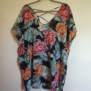 Kona Sol Women's Black Sheer Floral Print Cover-Up Sz Small Vacation Cruise Pool